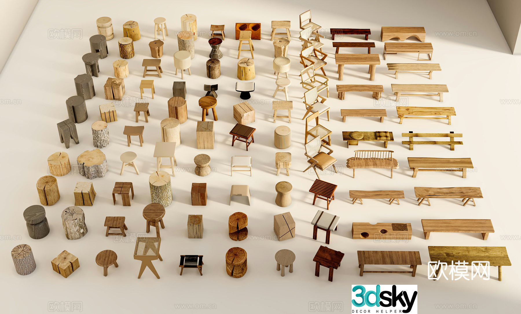 wooden chair wooden stool wooden pile wooden plank 3d model