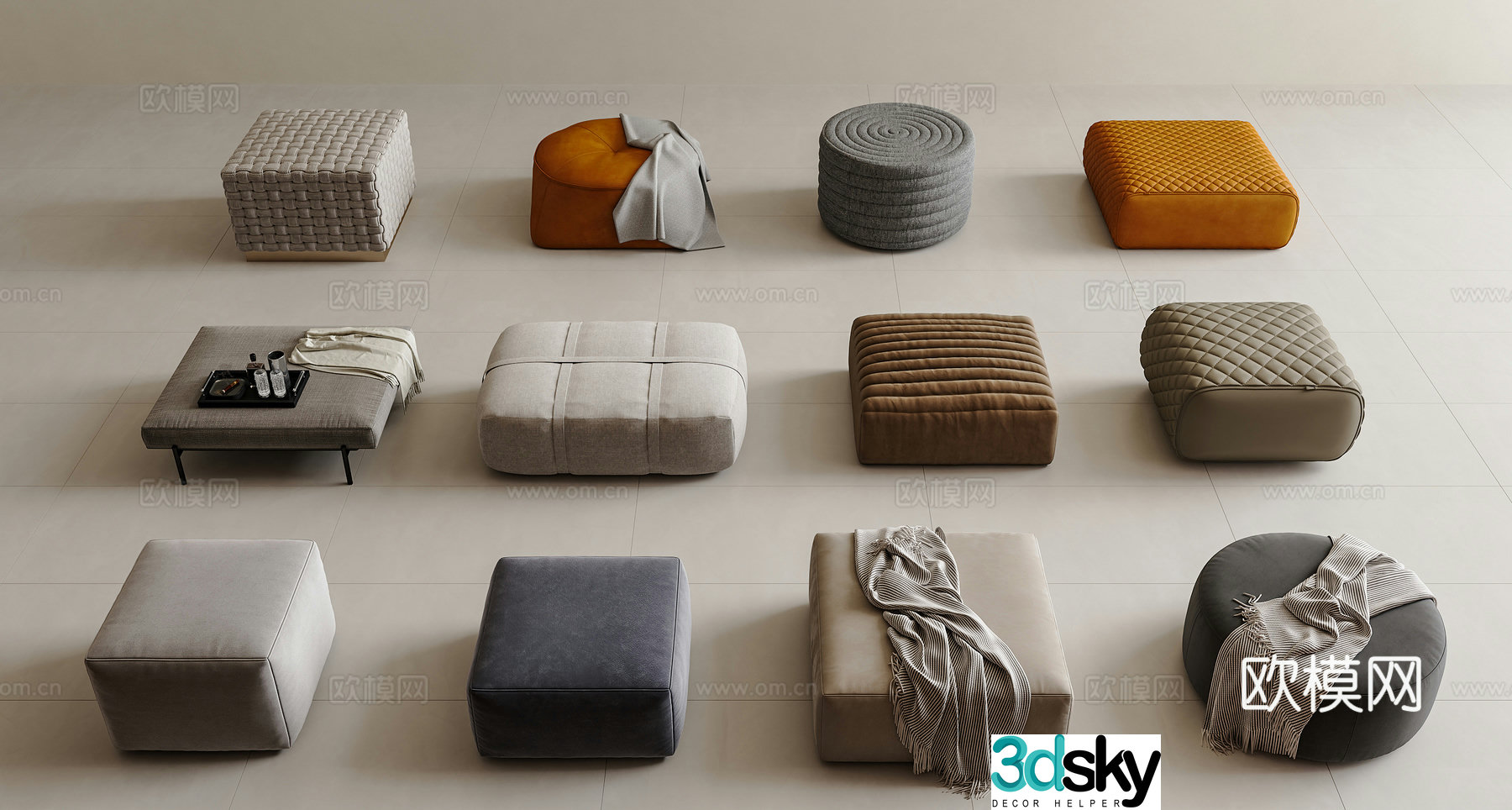 Modern sofa stool bed end stool footrest bench round stool square stool 3D model