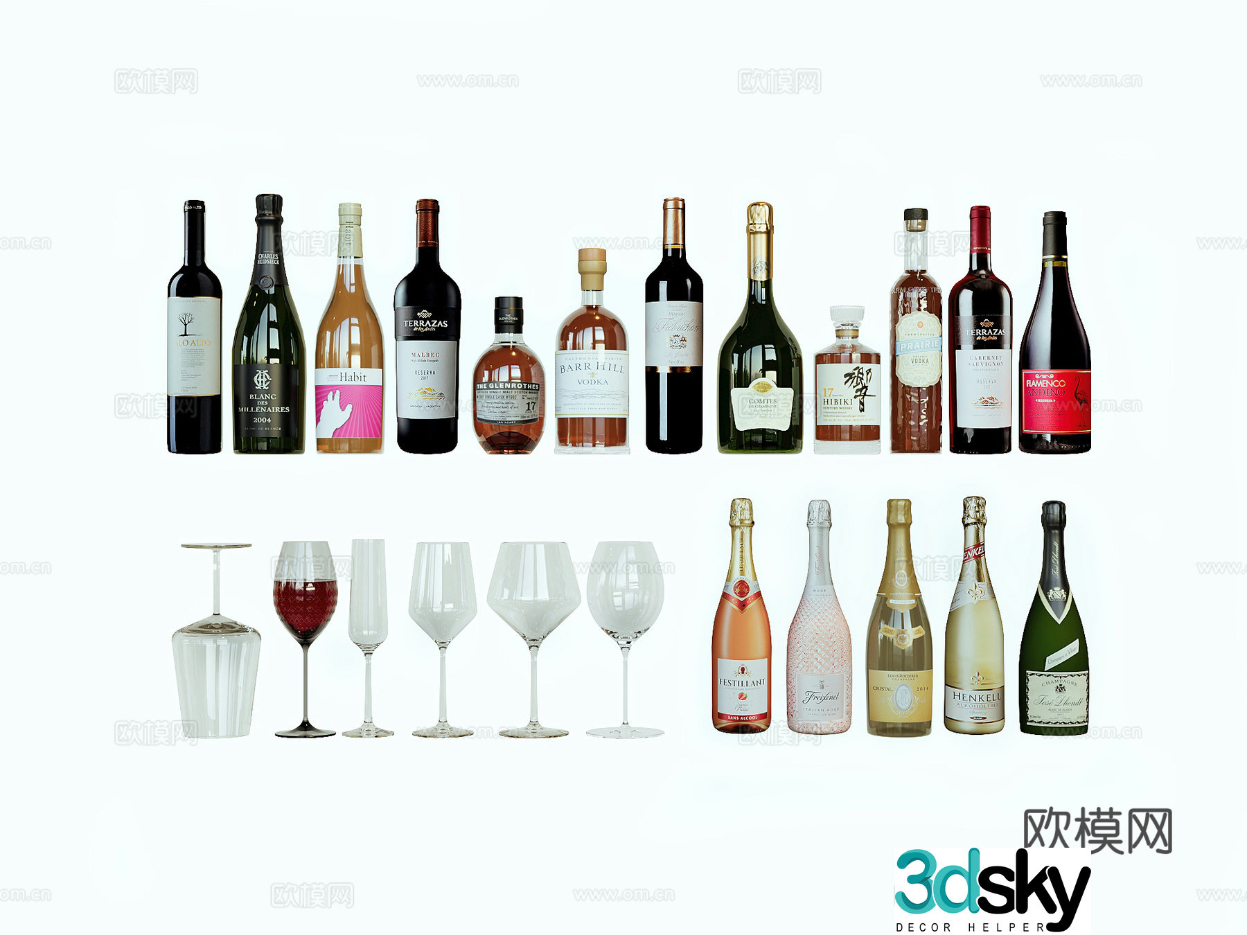 Modern wine bottle wine glass 3d model