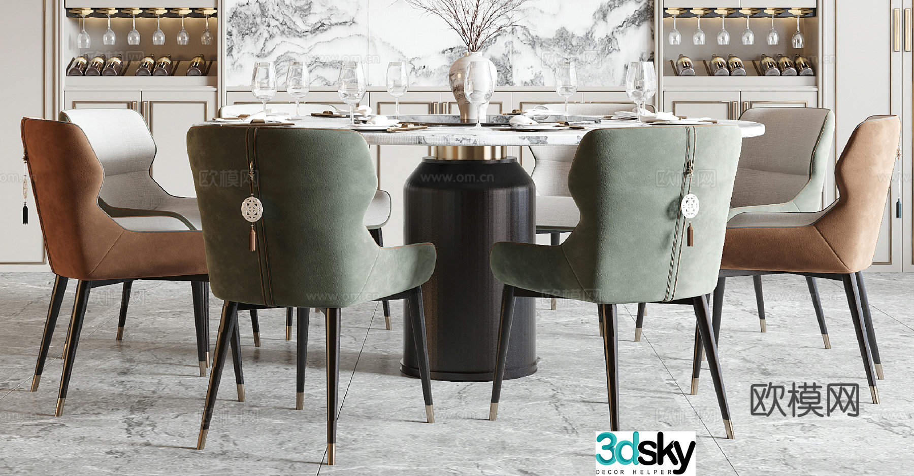 New Chinese dining table and chairs 3d model