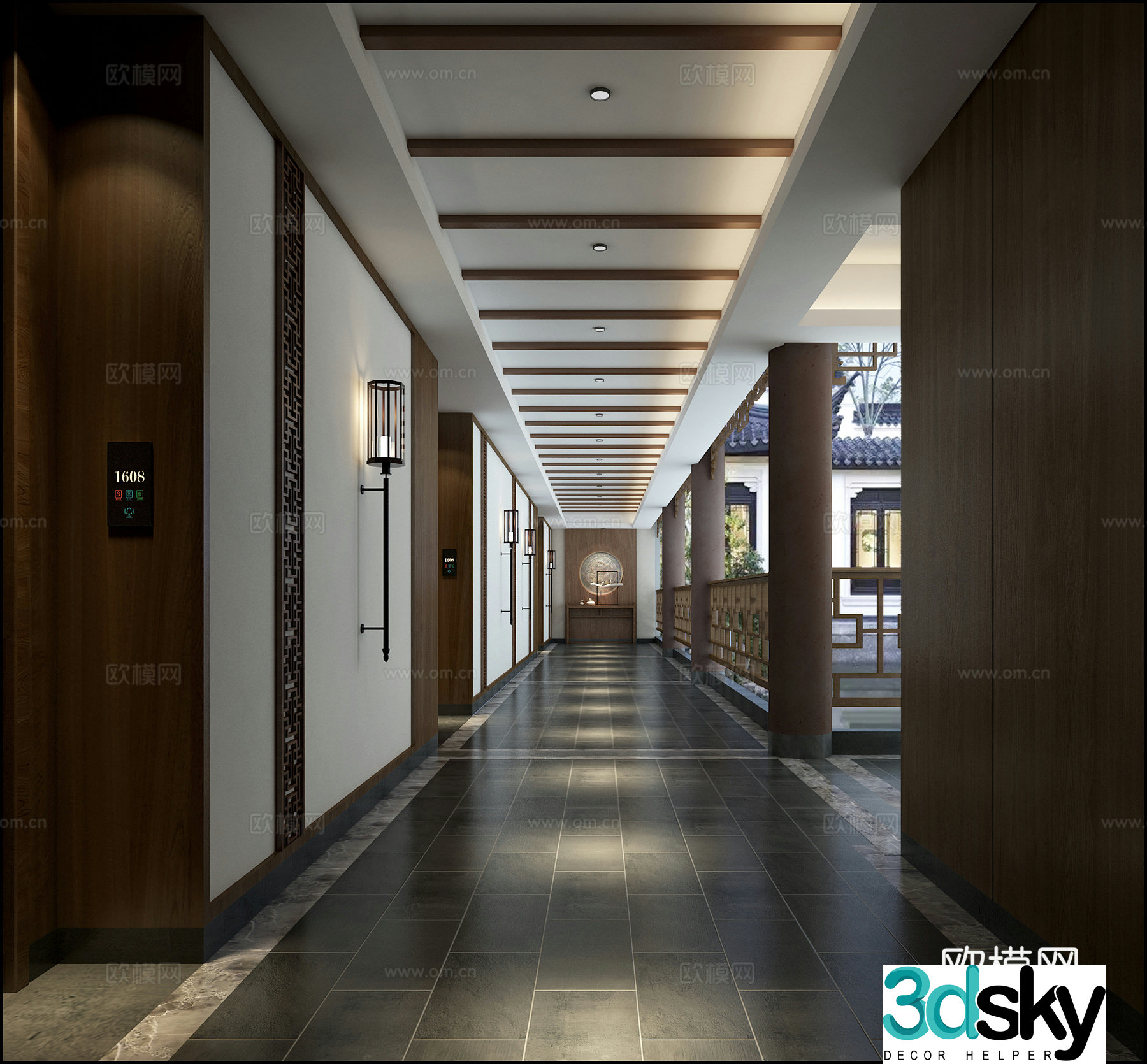 New Chinese style hotel corridor 3D model