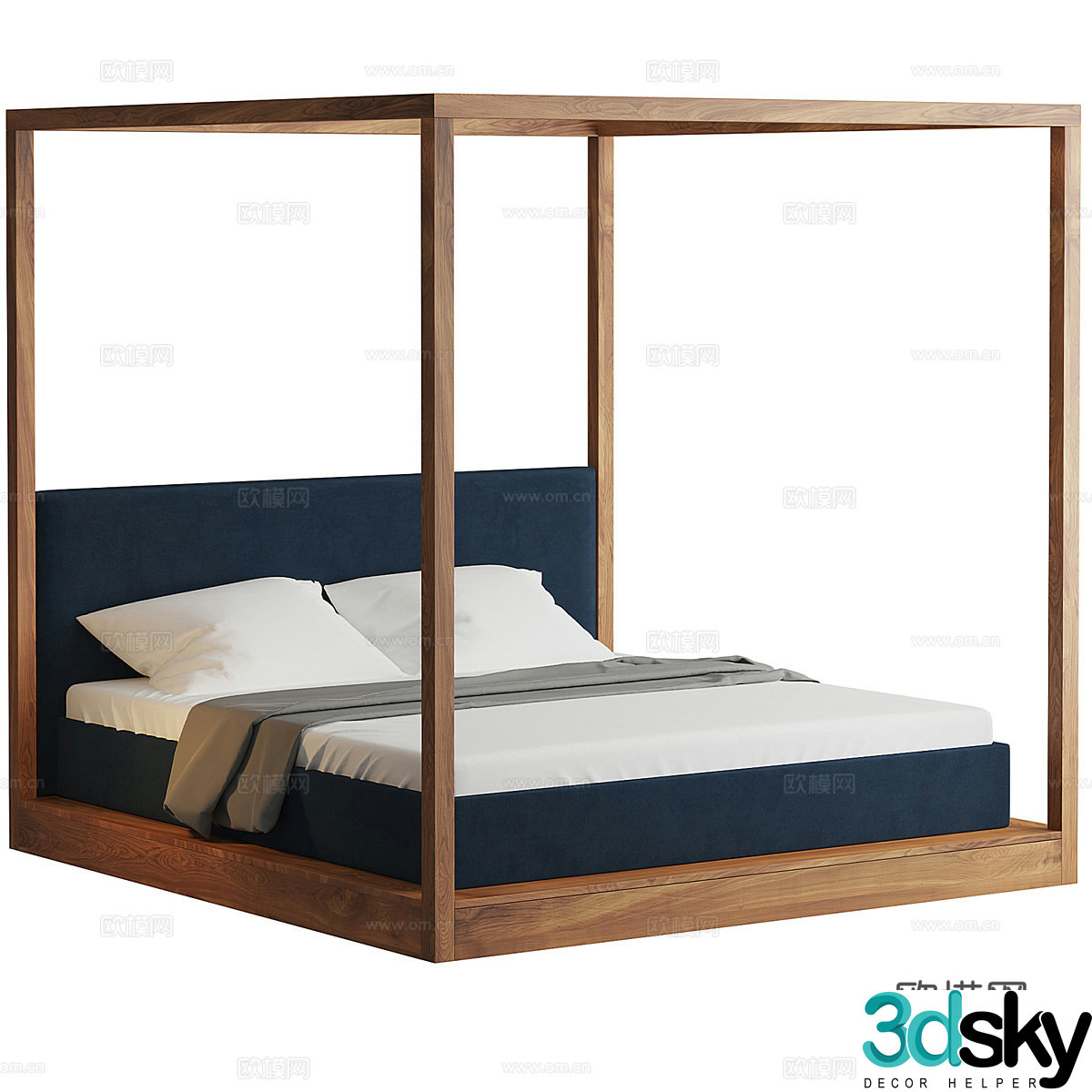 Nordic simple double bed solid wood bed 3d model