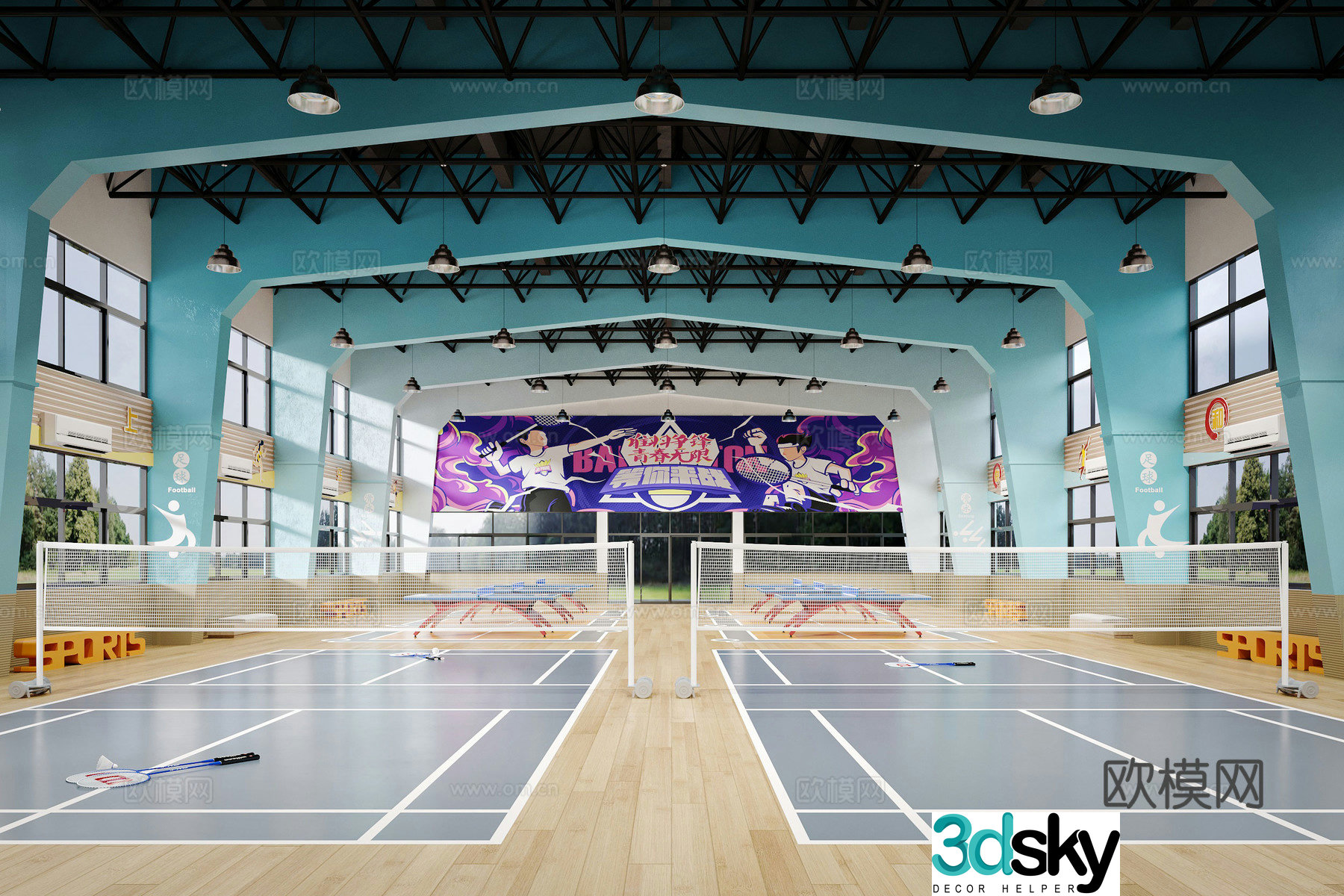 Modern school sports hall badminton table tennis hall 3d model