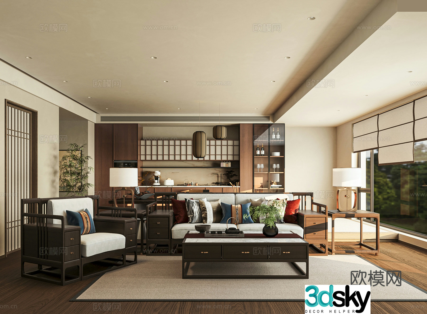 New Chinese style large flat floor horizontal hall living and dining room 3D model