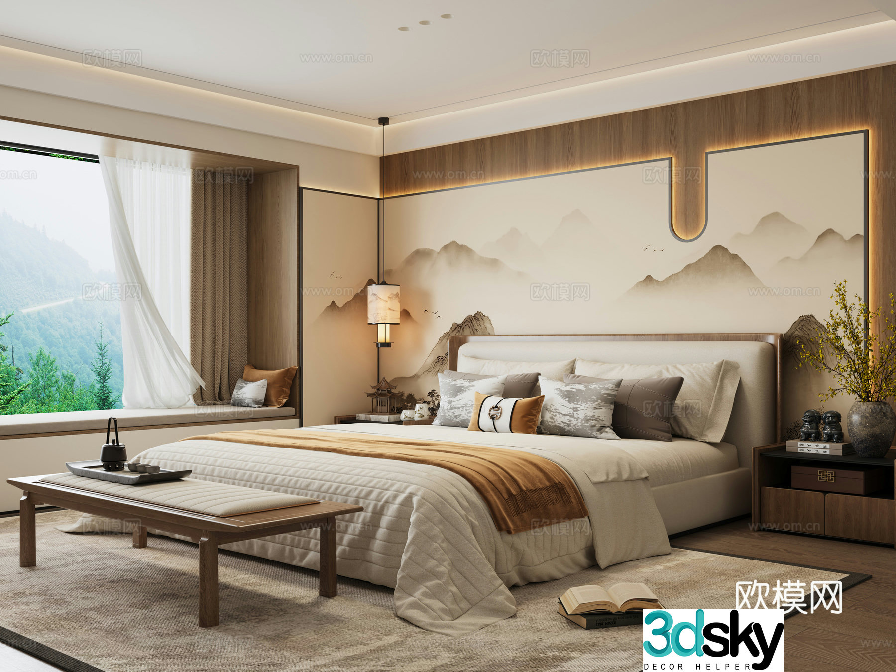 New Chinese style double bed 3d model