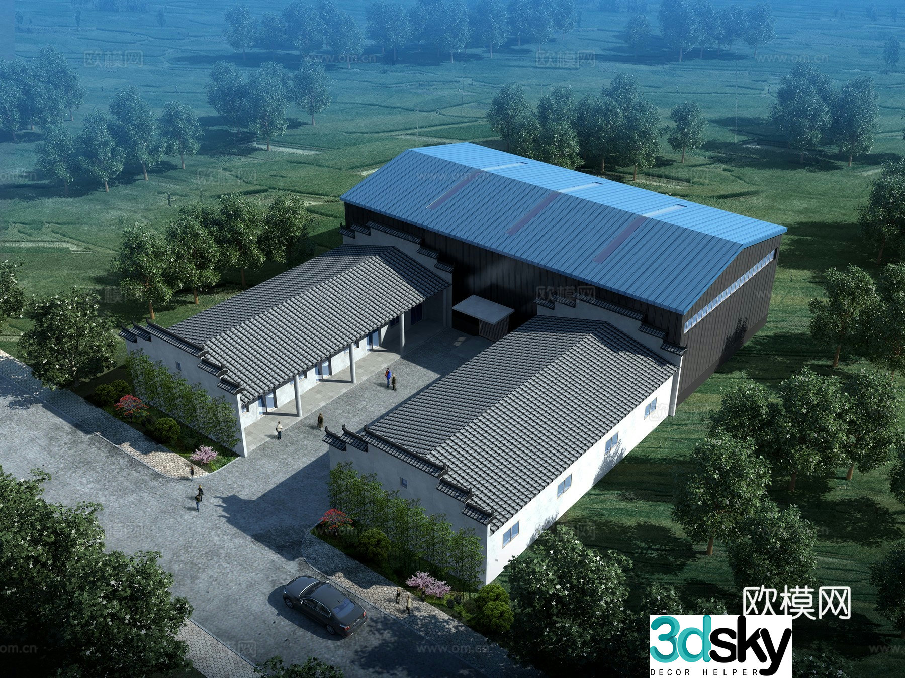 Aerial view 3D model of factory building