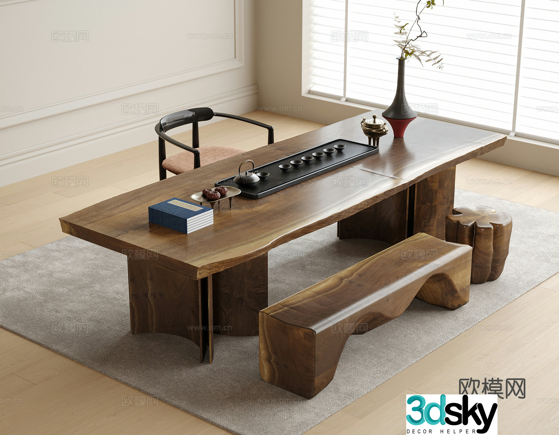 New Chinese tea table and chair large table tea set stool 3D model