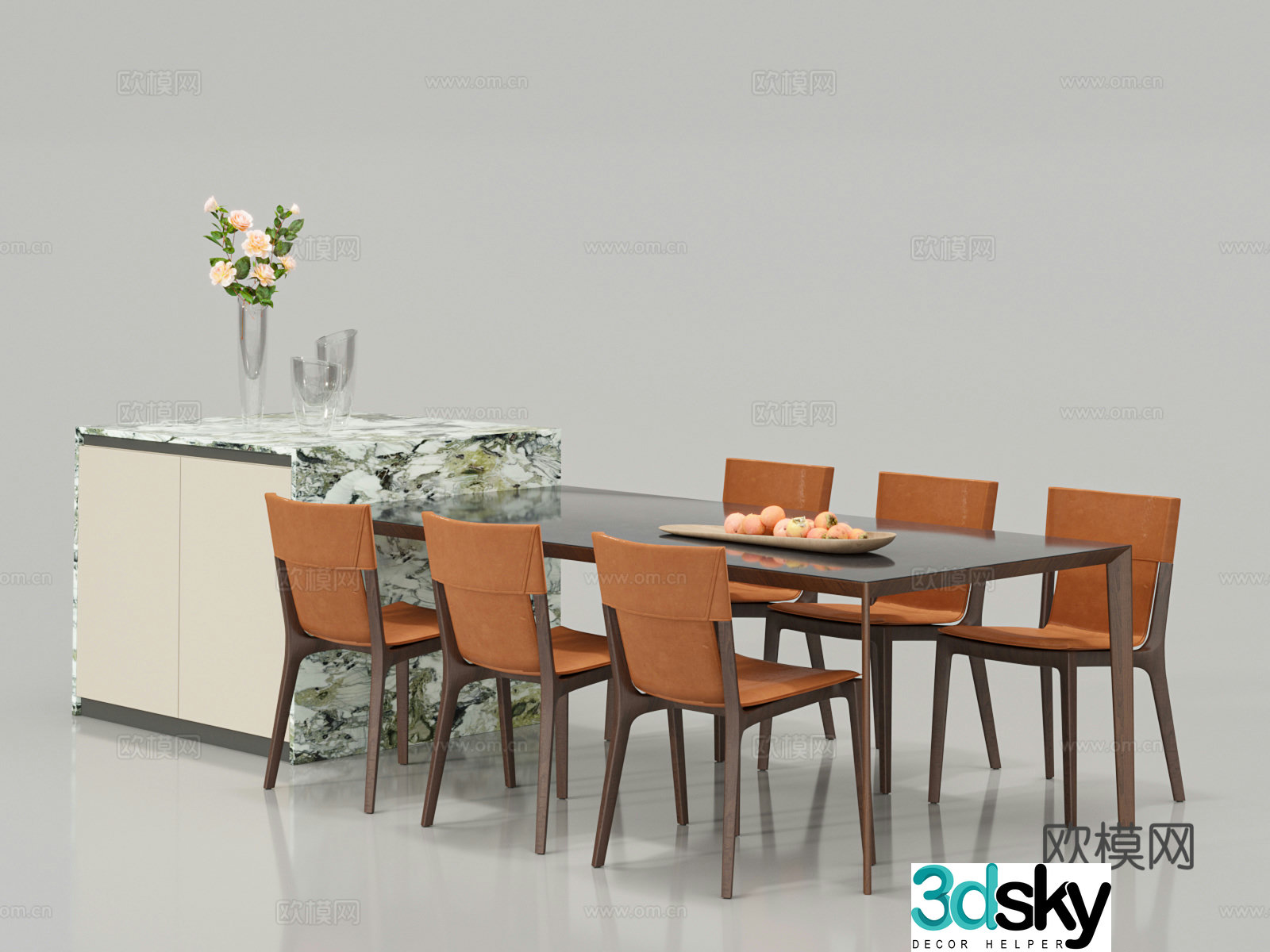 Modern island dining table and chairs 3d model