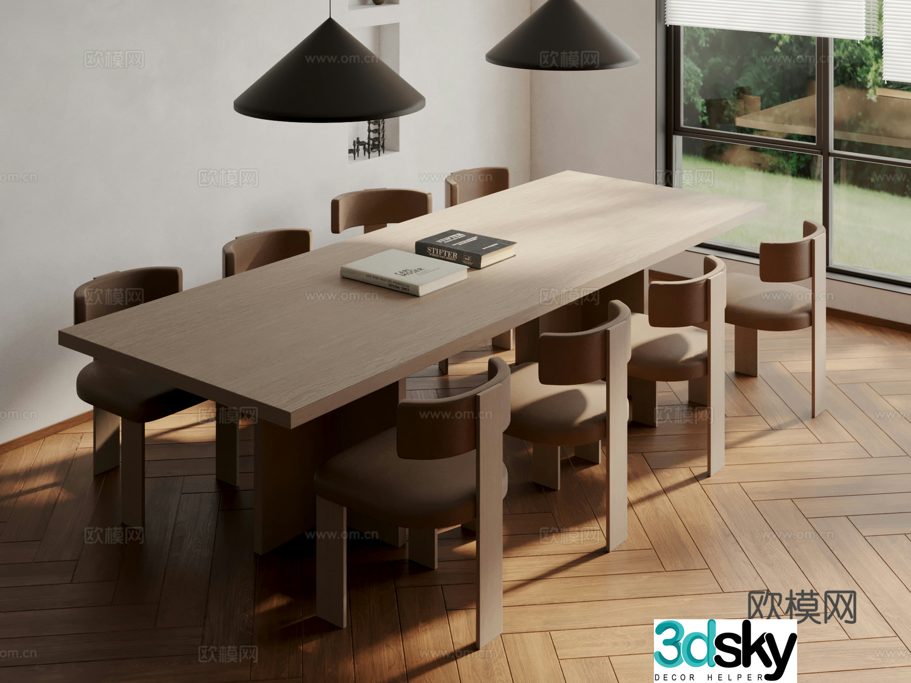 Modern solid wood dining table and chairs 3d model