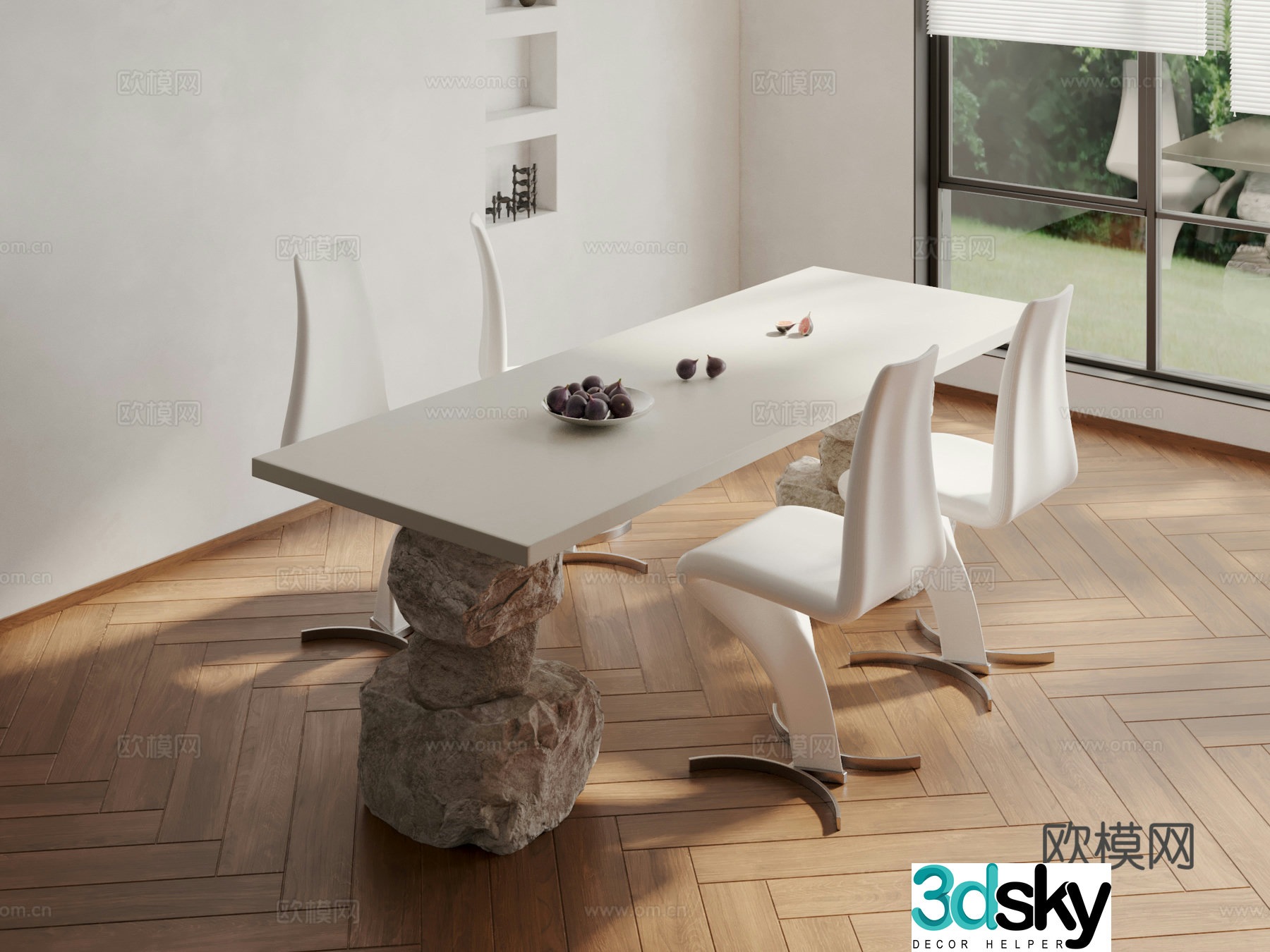 Modern rock dining table and chairs 3d model