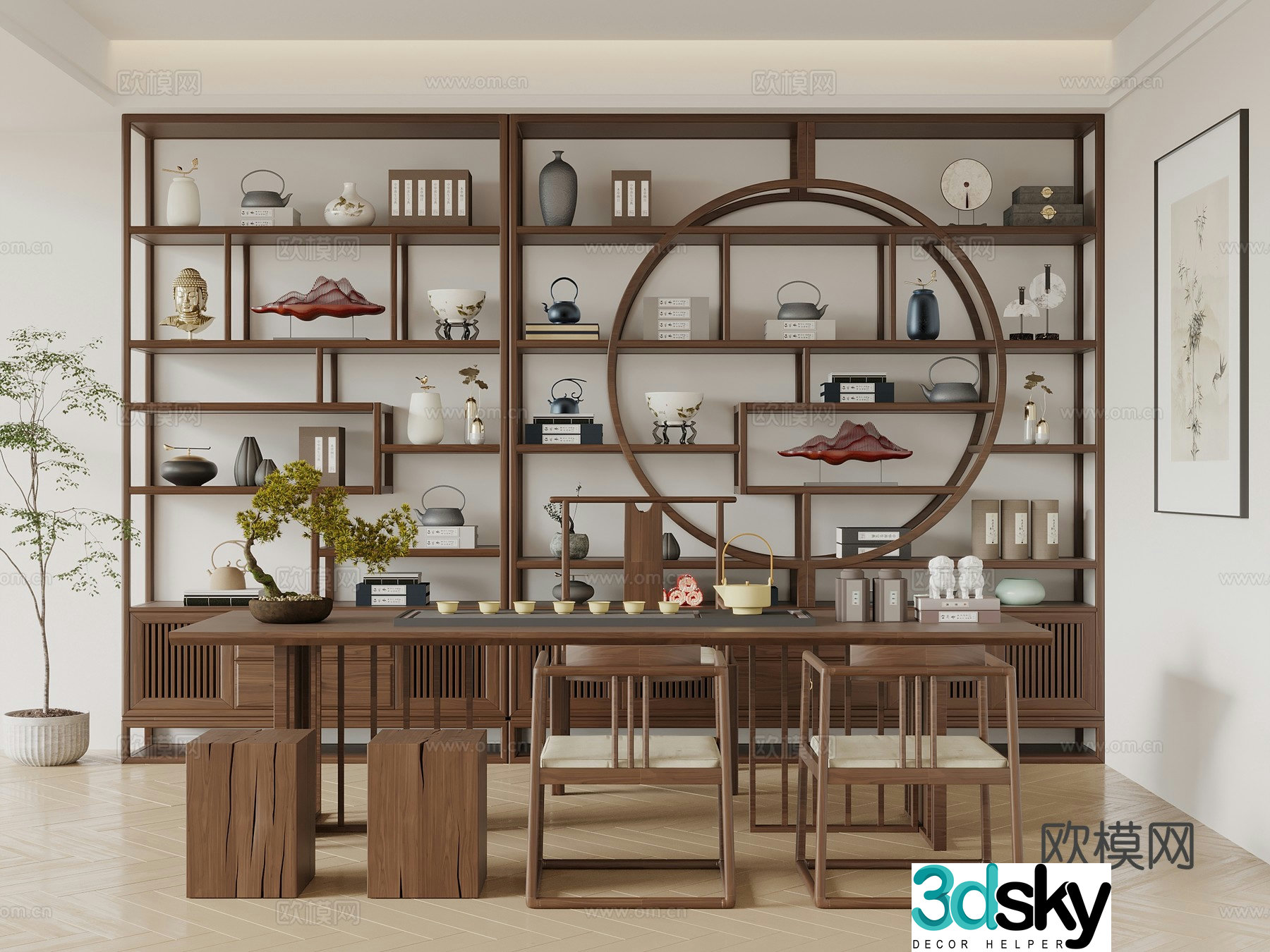 New Chinese tea table and chairs 3d model