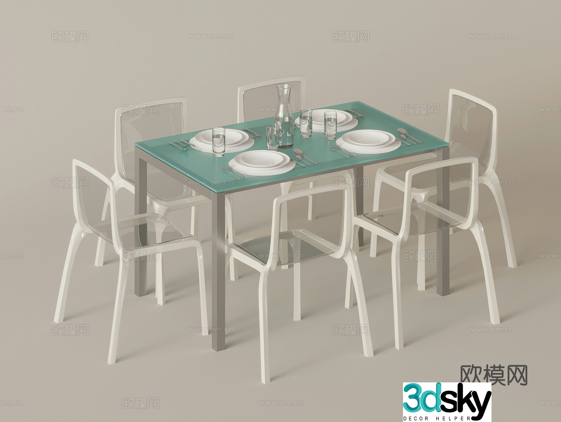 Modern dining table and chairs acrylic dining chair 3d model