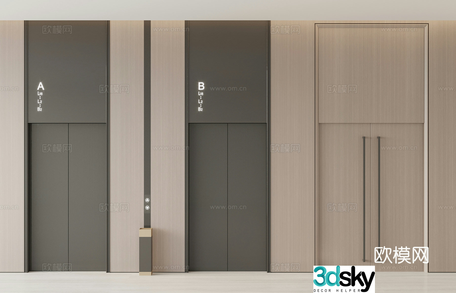 New Chinese style elevator hall double door fire exit door 3D model