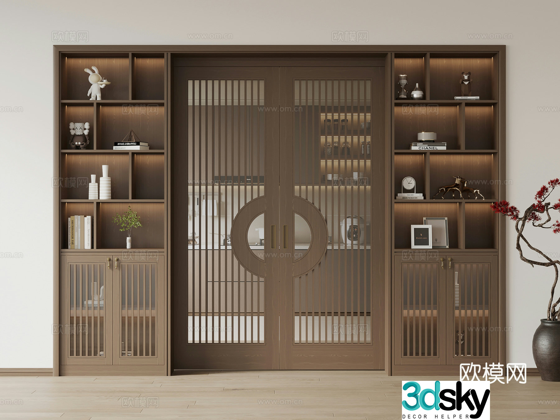 New Chinese style kitchen door sliding door door with cabinet pocket door 3d model