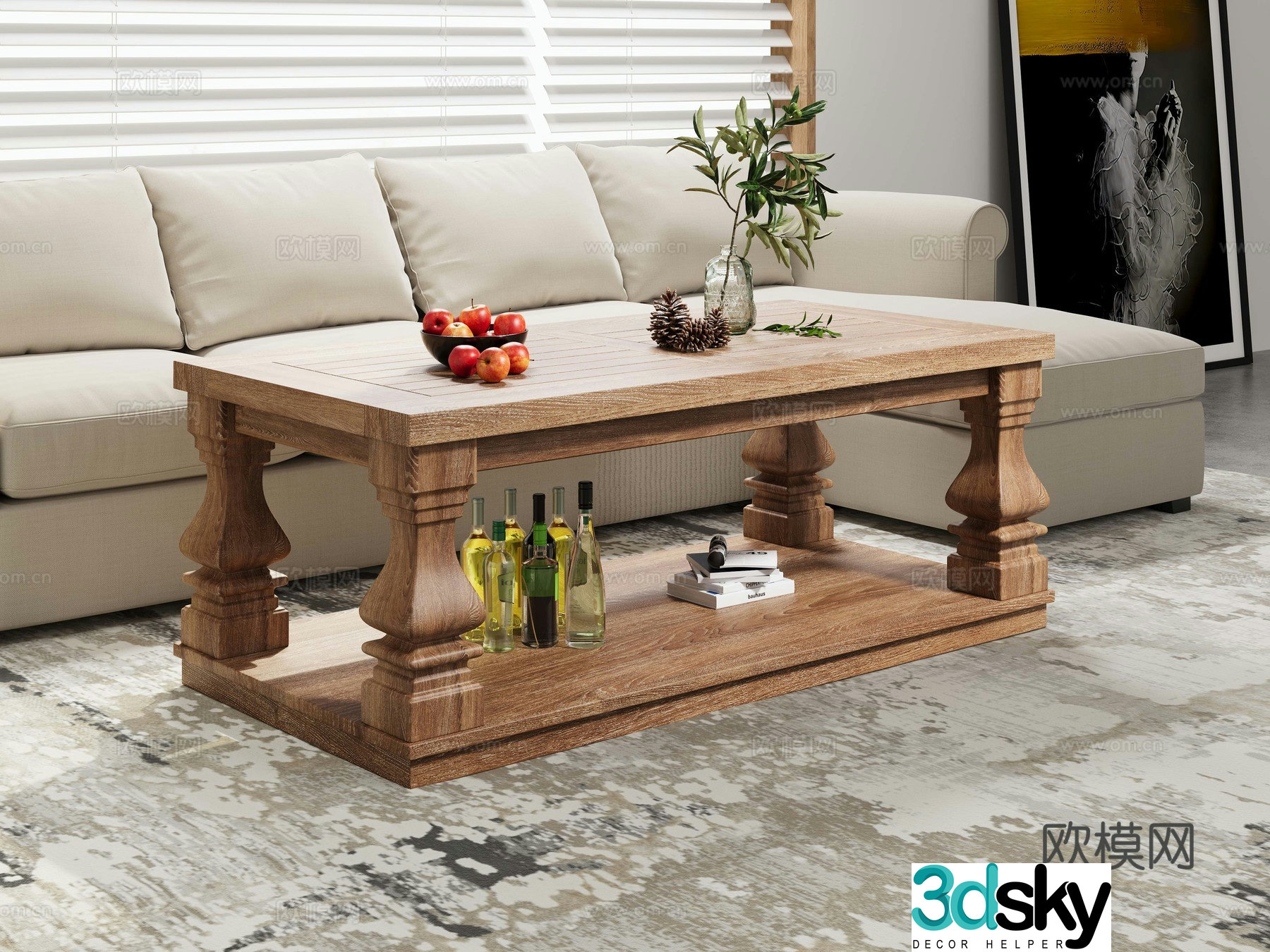 American solid wood coffee table rectangular coffee table 3D model