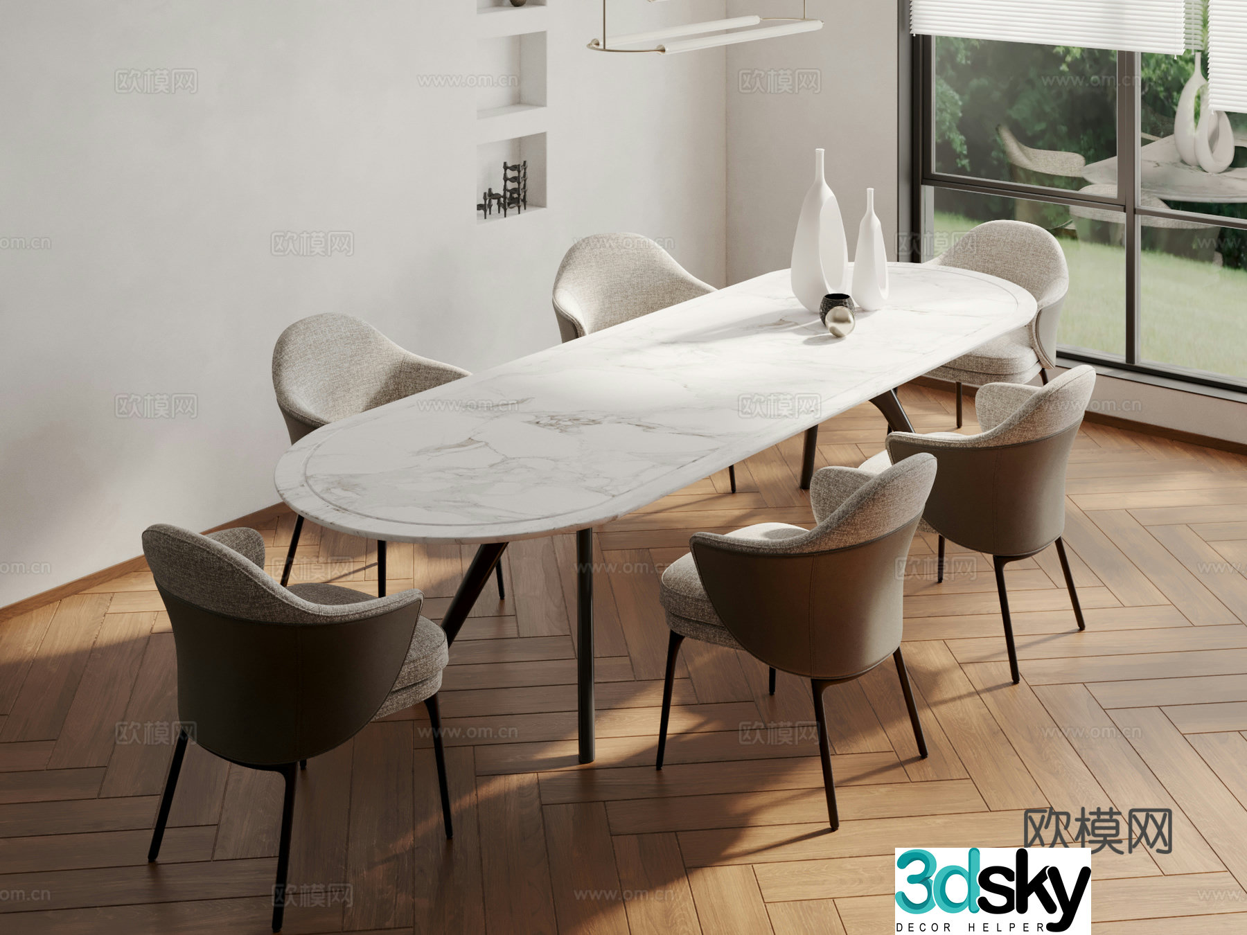 Modern slate dining table and chairs 3d model