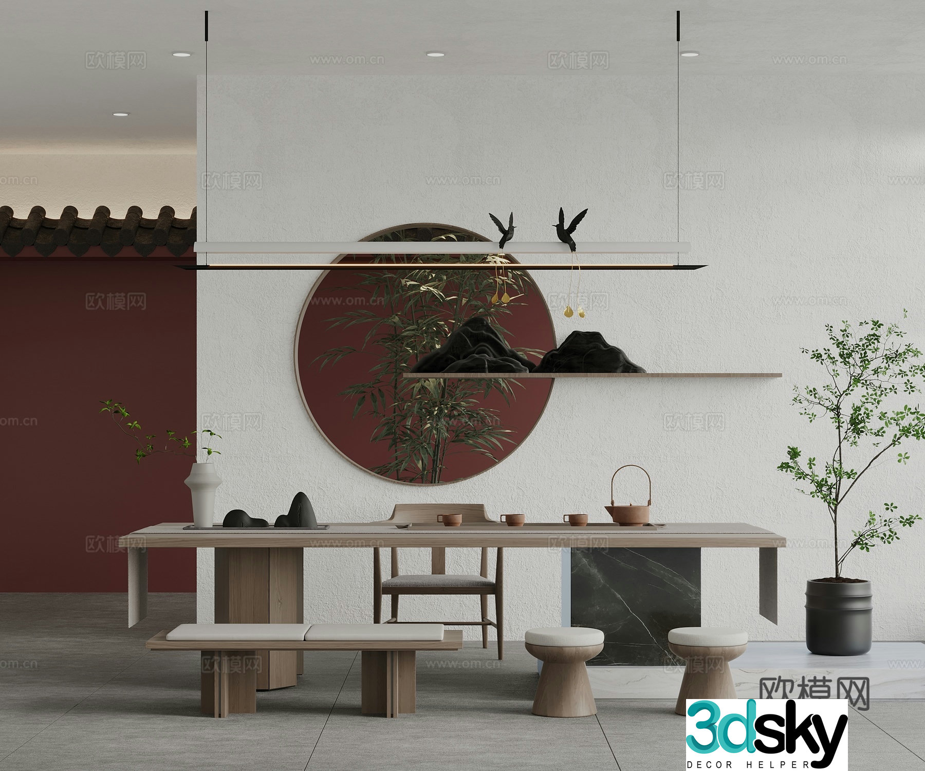 New Chinese tea table and chairs 3d model