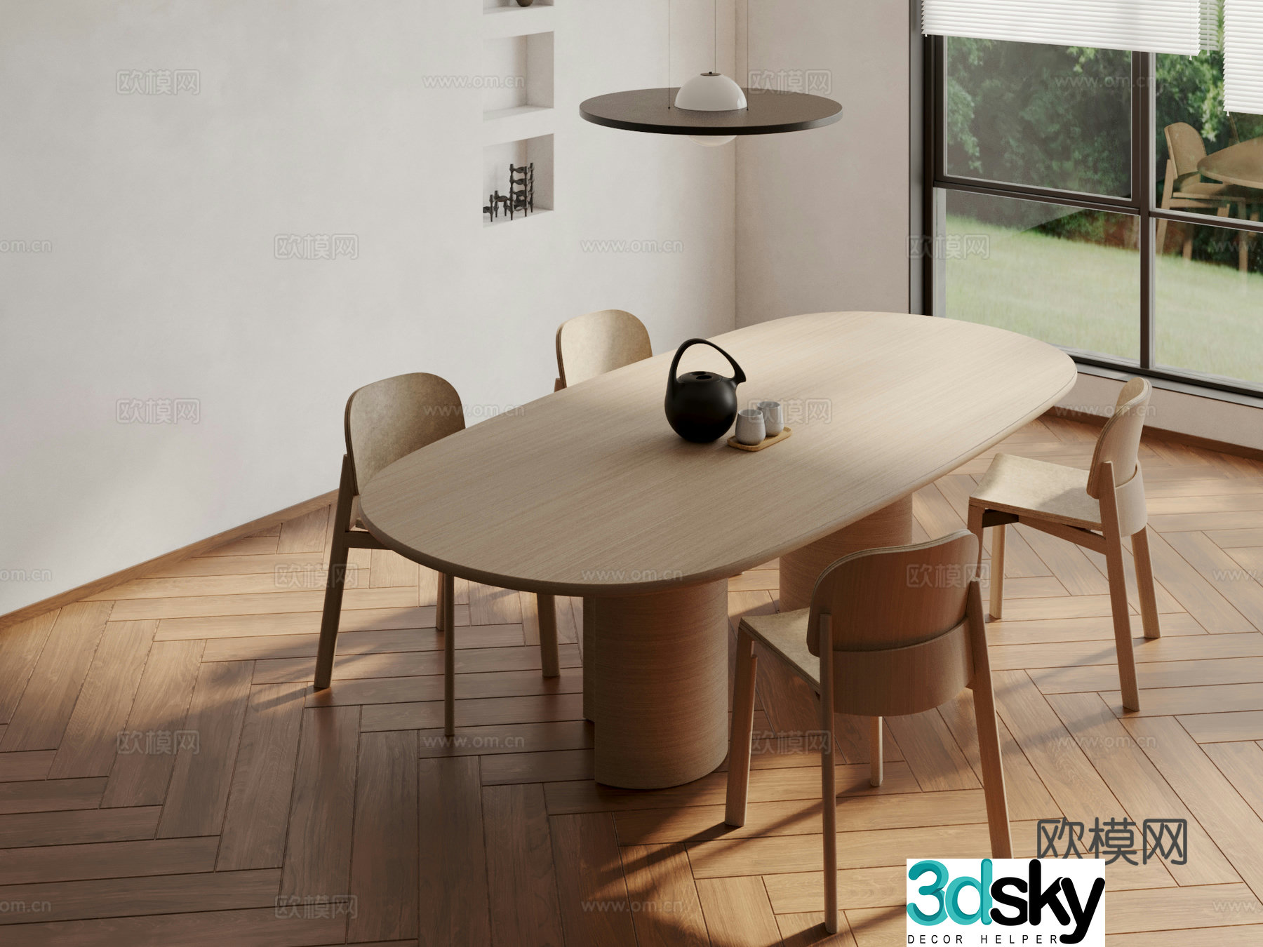 3D model of log style dining table and chairs