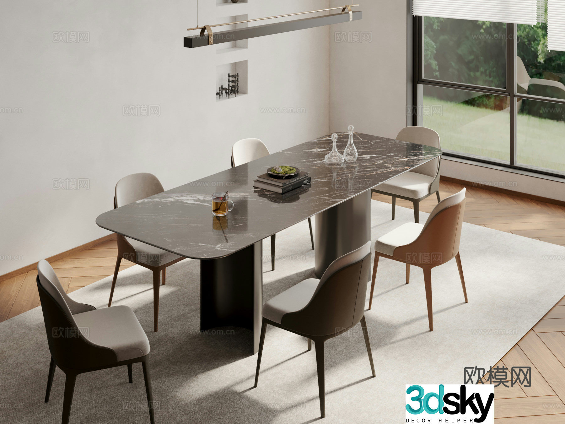 Modern slate dining table and chairs 3d model