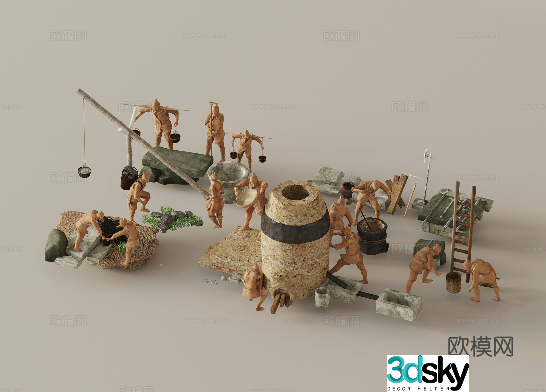 New Chinese style clay figurine landscape sketch 3D model