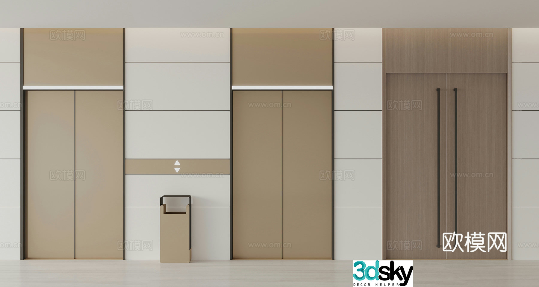Modern elevator hall double door fire escape door 3d model