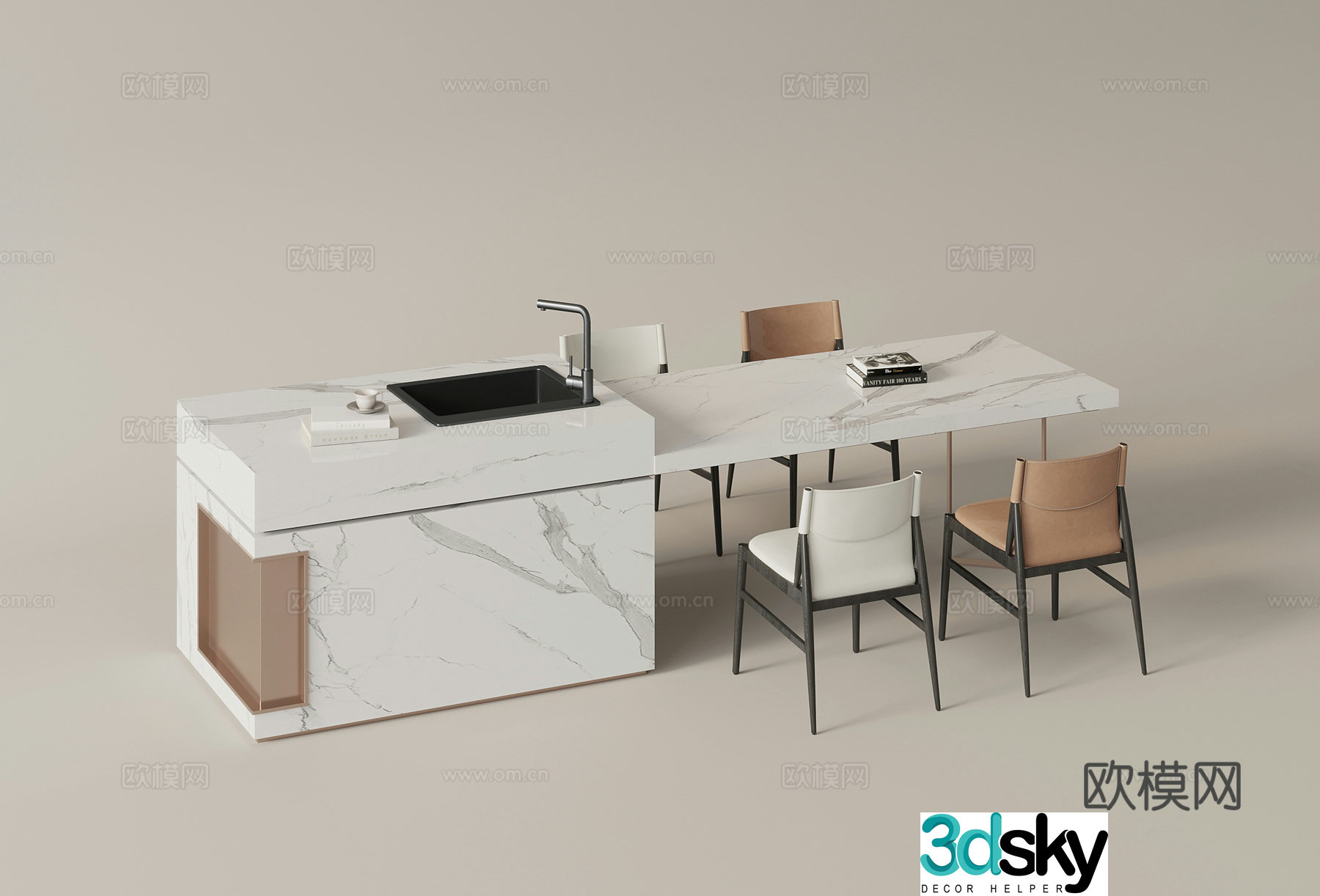 Modern island dining island dining table and chairs 3d model
