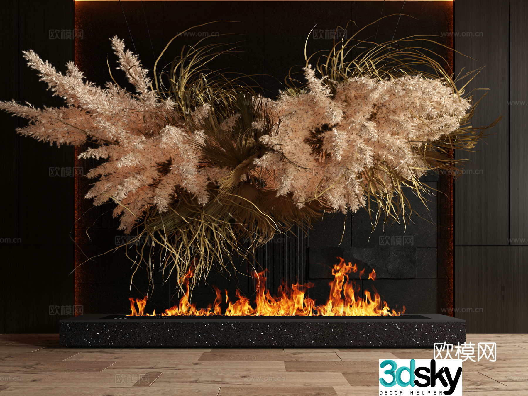 Modern indoor landscaping green plants dried flowers fireplace landscaping 3D model