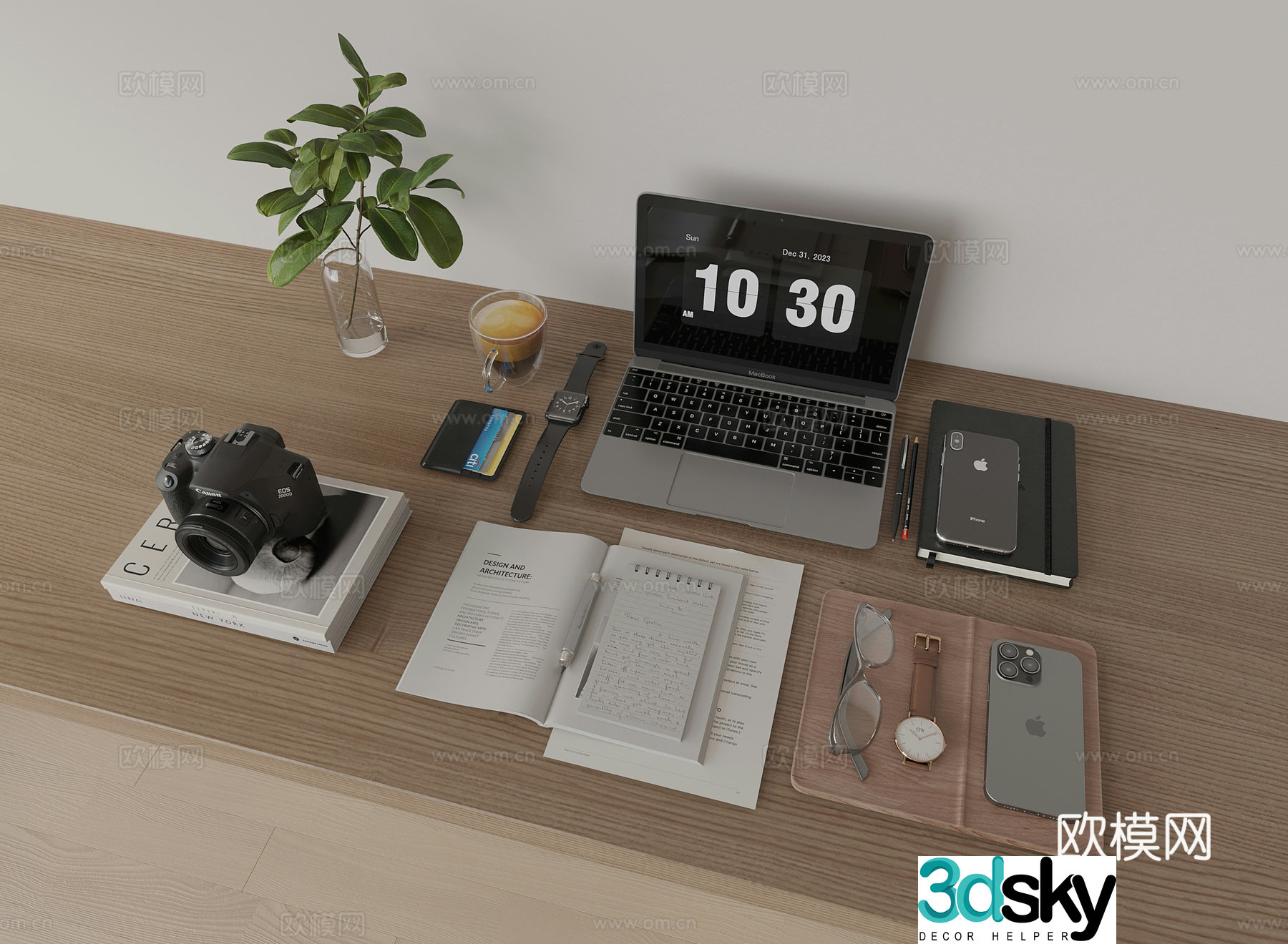Modern desk decorations accessories books notebook 3d model