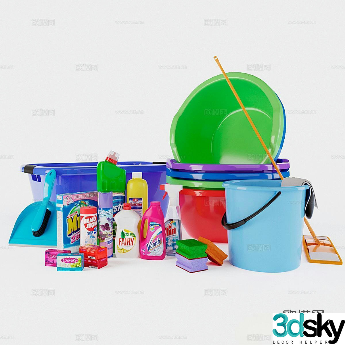 Modern daily necessities mop bucket disinfectant laundry detergent cleaning supplies 3d model