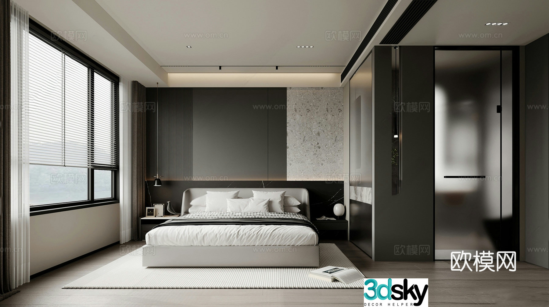 Italian style bedroom black and white gray bedroom without main light 3d model