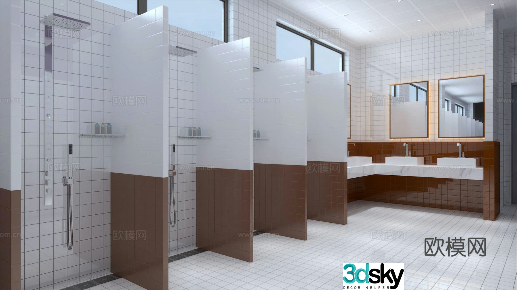 Modern public bathhouse shower area 3d model