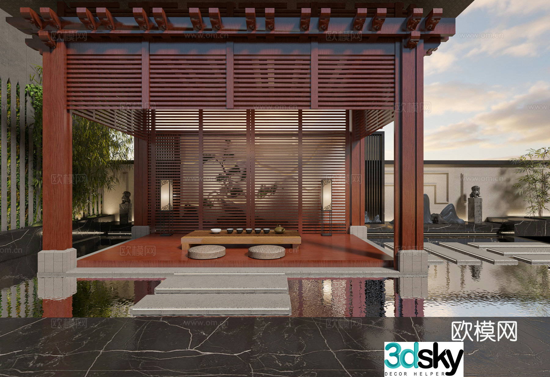 New Chinese style courtyard landscape villa courtyard B&B courtyard 3D model