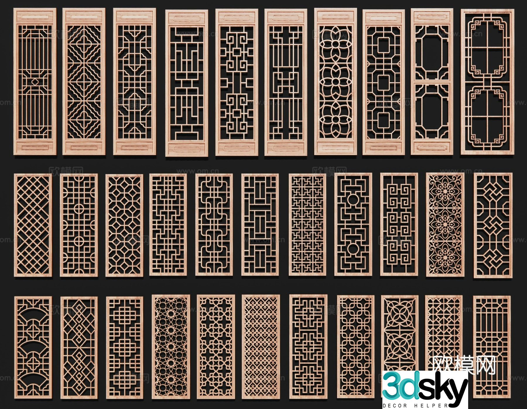 Chinese style openwork window wooden window wood carving window hollow pane 3d model