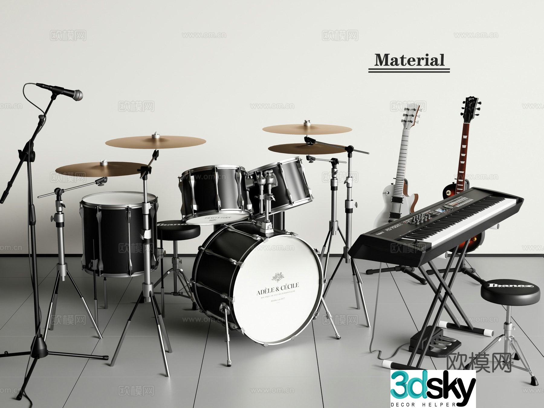 Musical instrument drum set electric guitar electronic keyboard microphone 3d model