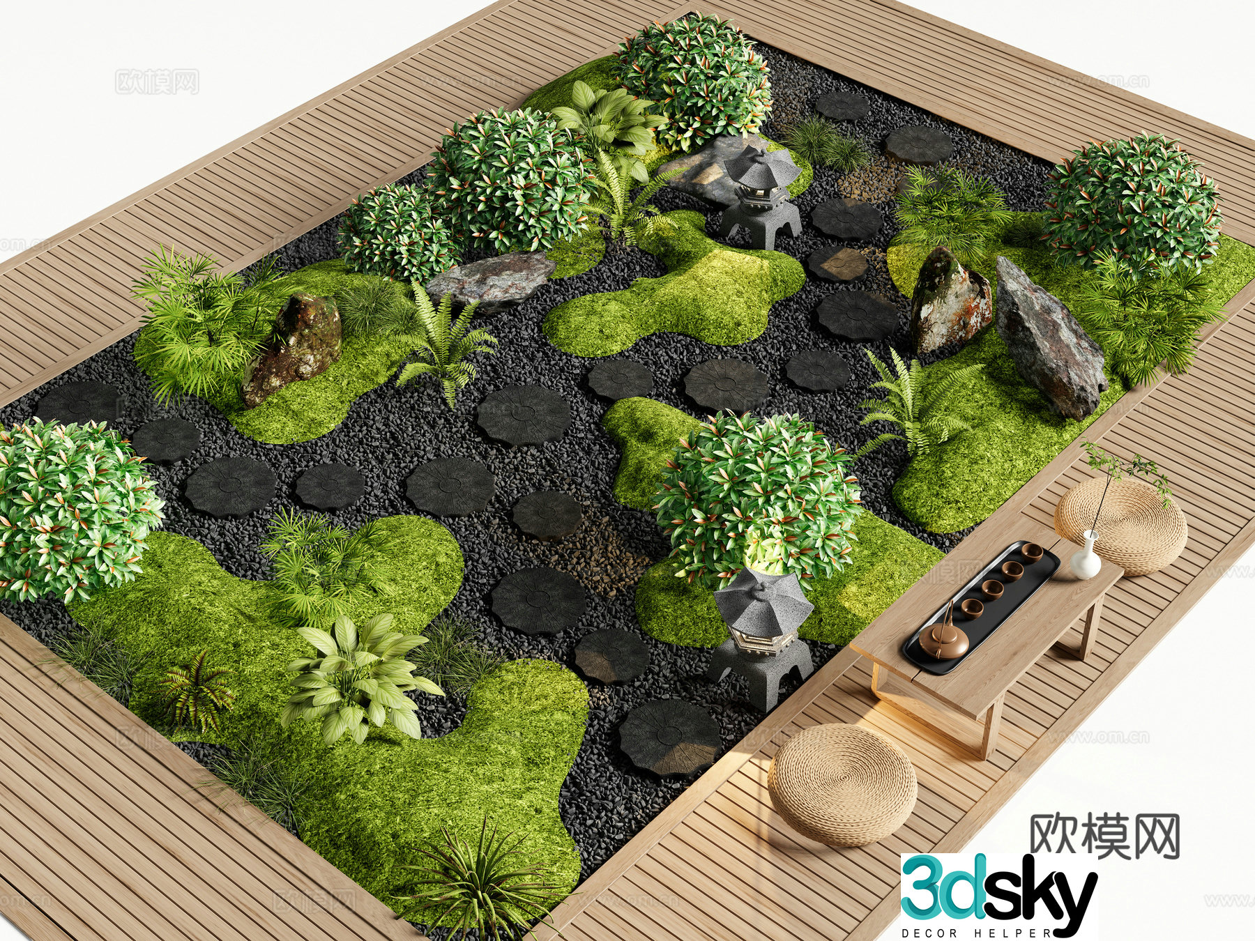 Japanese courtyard landscape sketch micro terrain garden paving 3D model