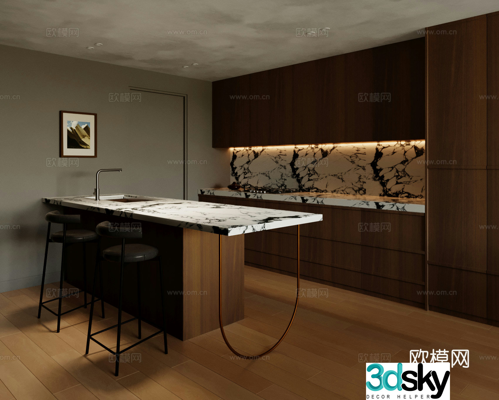 Modern island dining room kitchen 3d model