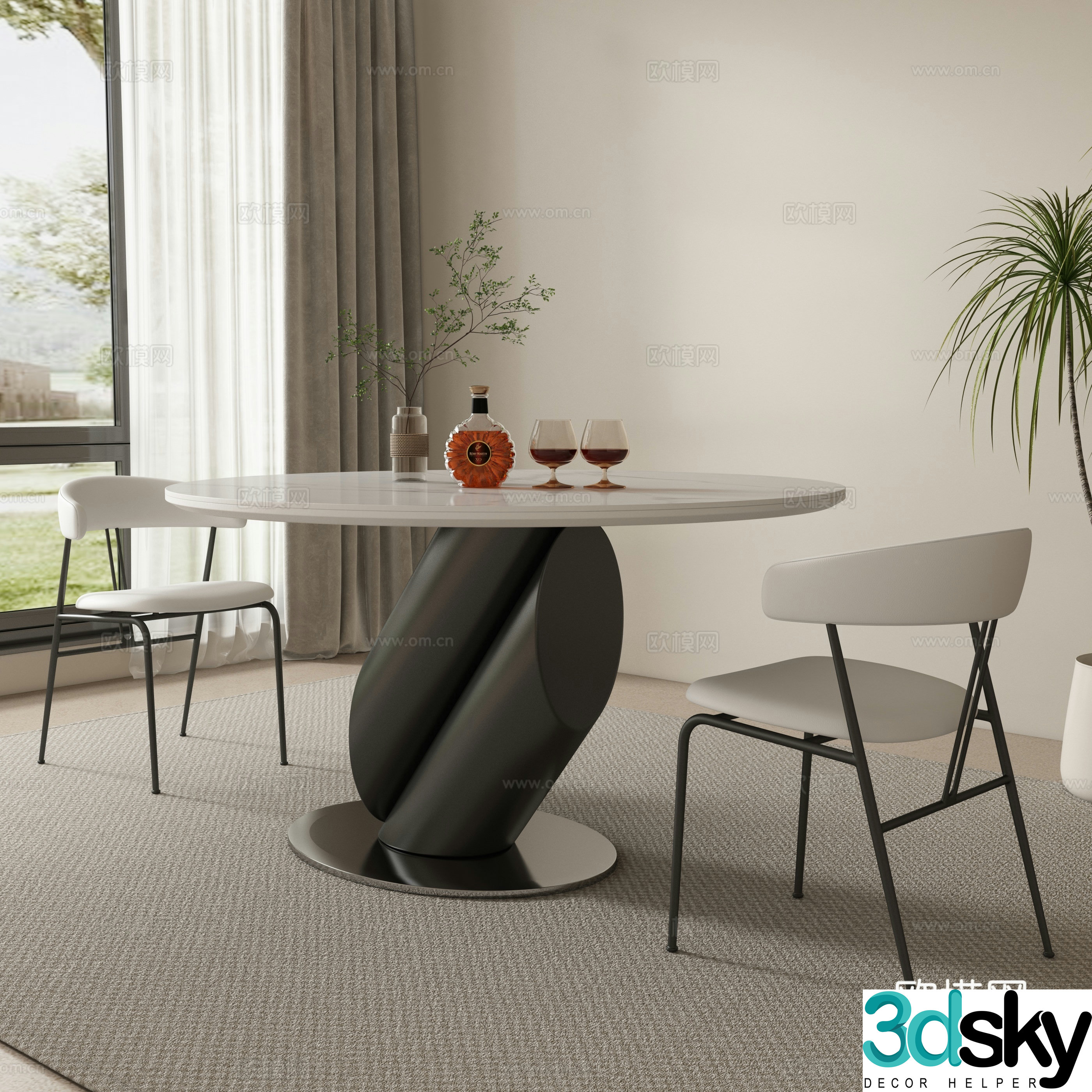 Round dining table and chairs 3d model