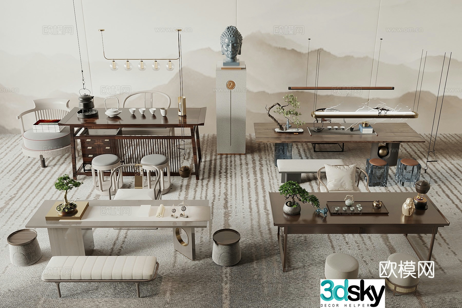 New Chinese tea table and chairs 3d model
