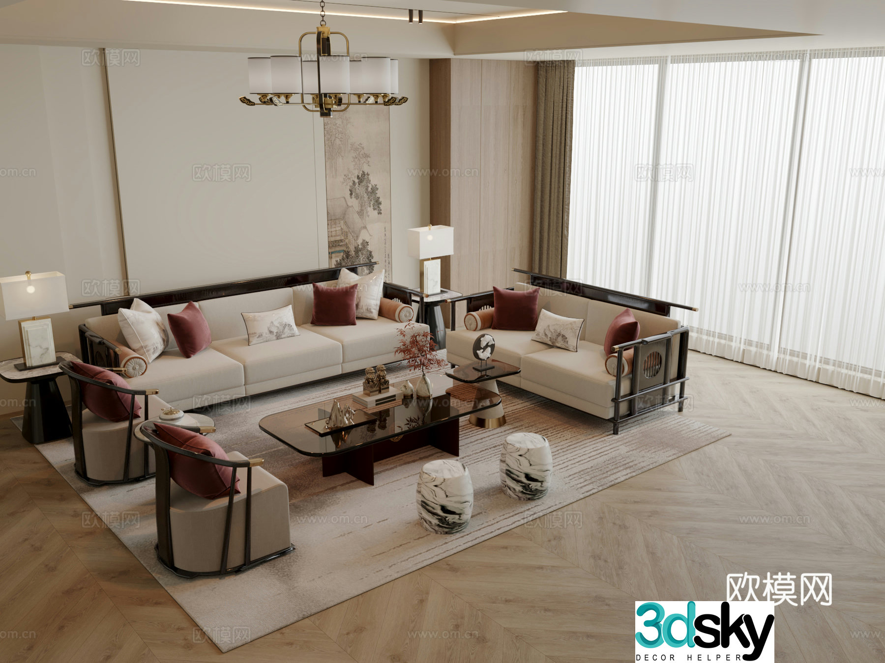 New Chinese style sofa coffee table modular sofa 3d model