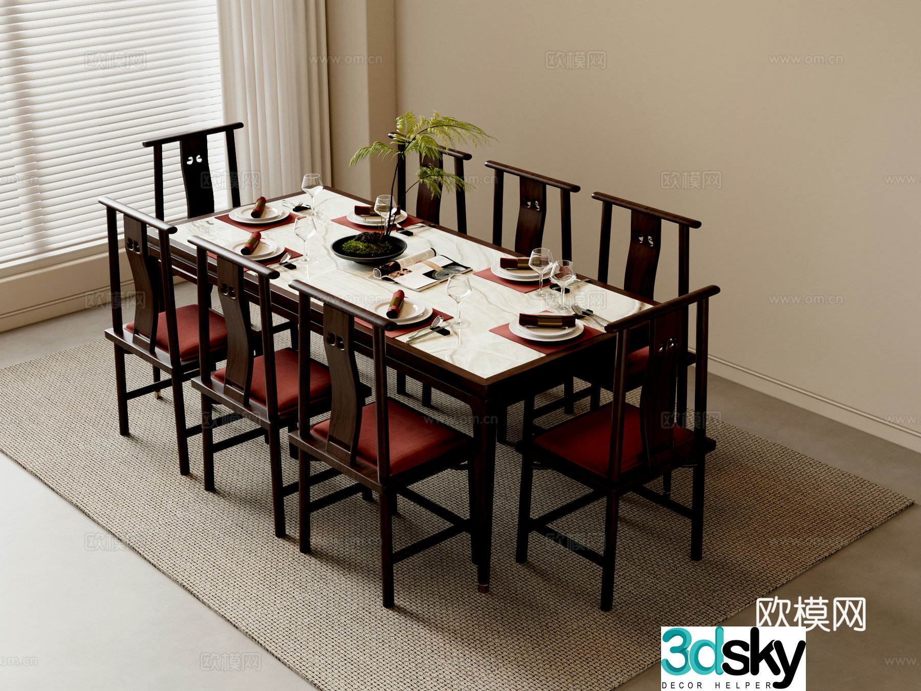 New Chinese dining table and chairs 3d model