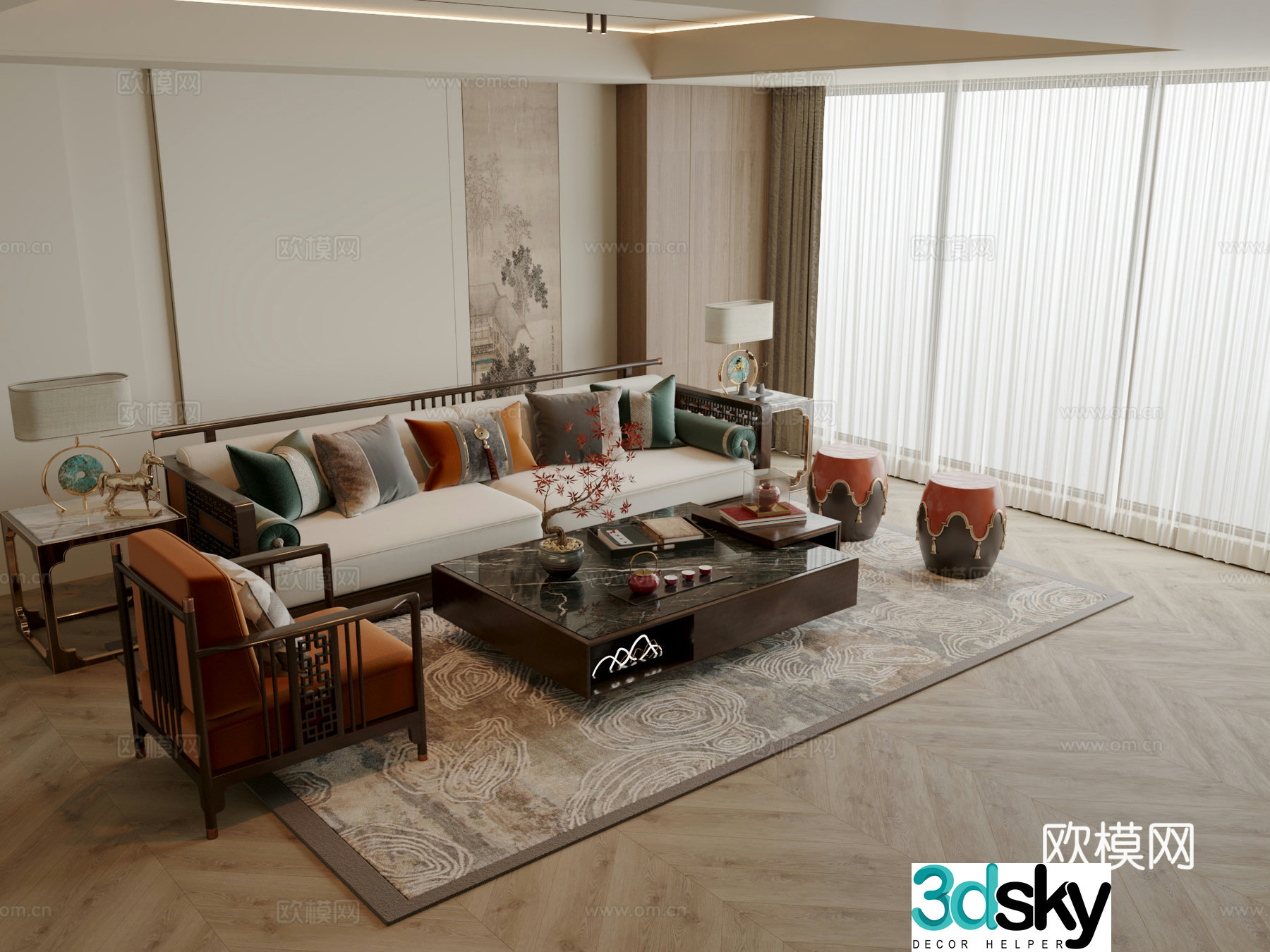 New Chinese style sofa coffee table modular sofa 3d model