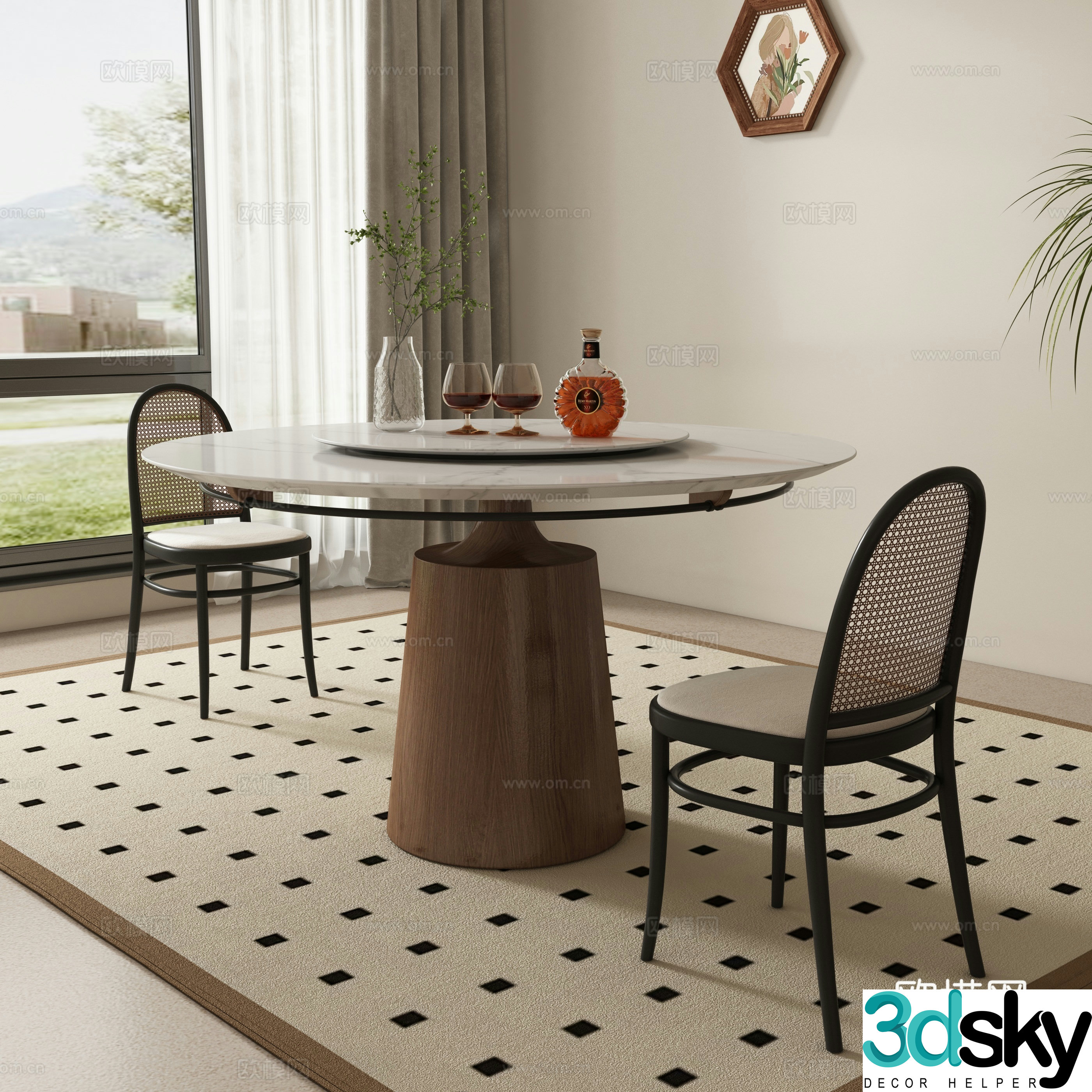Medieval style round dining table and chairs 3D model
