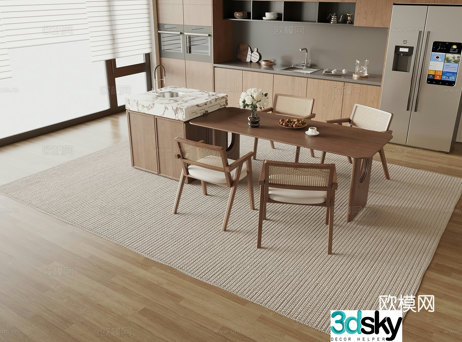 Medieval style island dining table and chairs 3D model