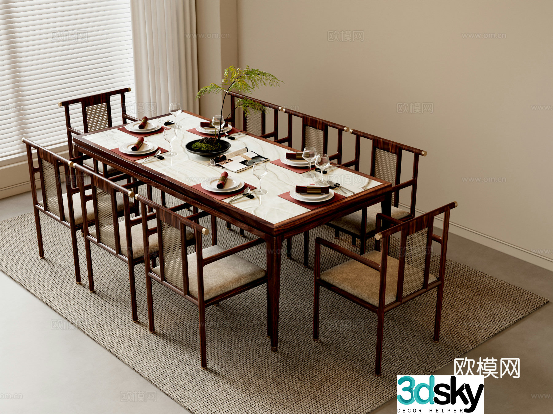 New Chinese style dining table and chairs mahogany furniture 3d model