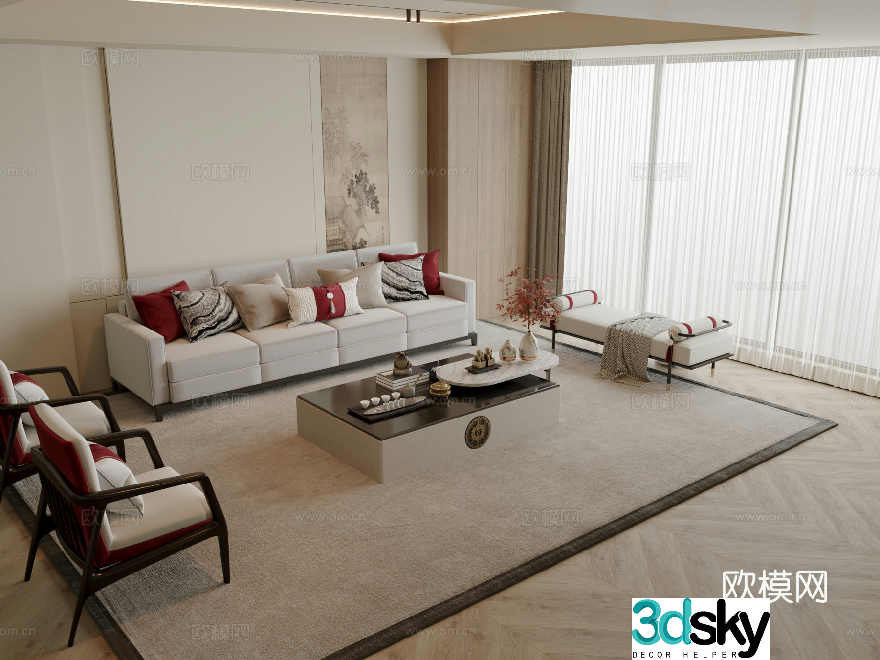 New Chinese style sofa coffee table modular sofa 3d model