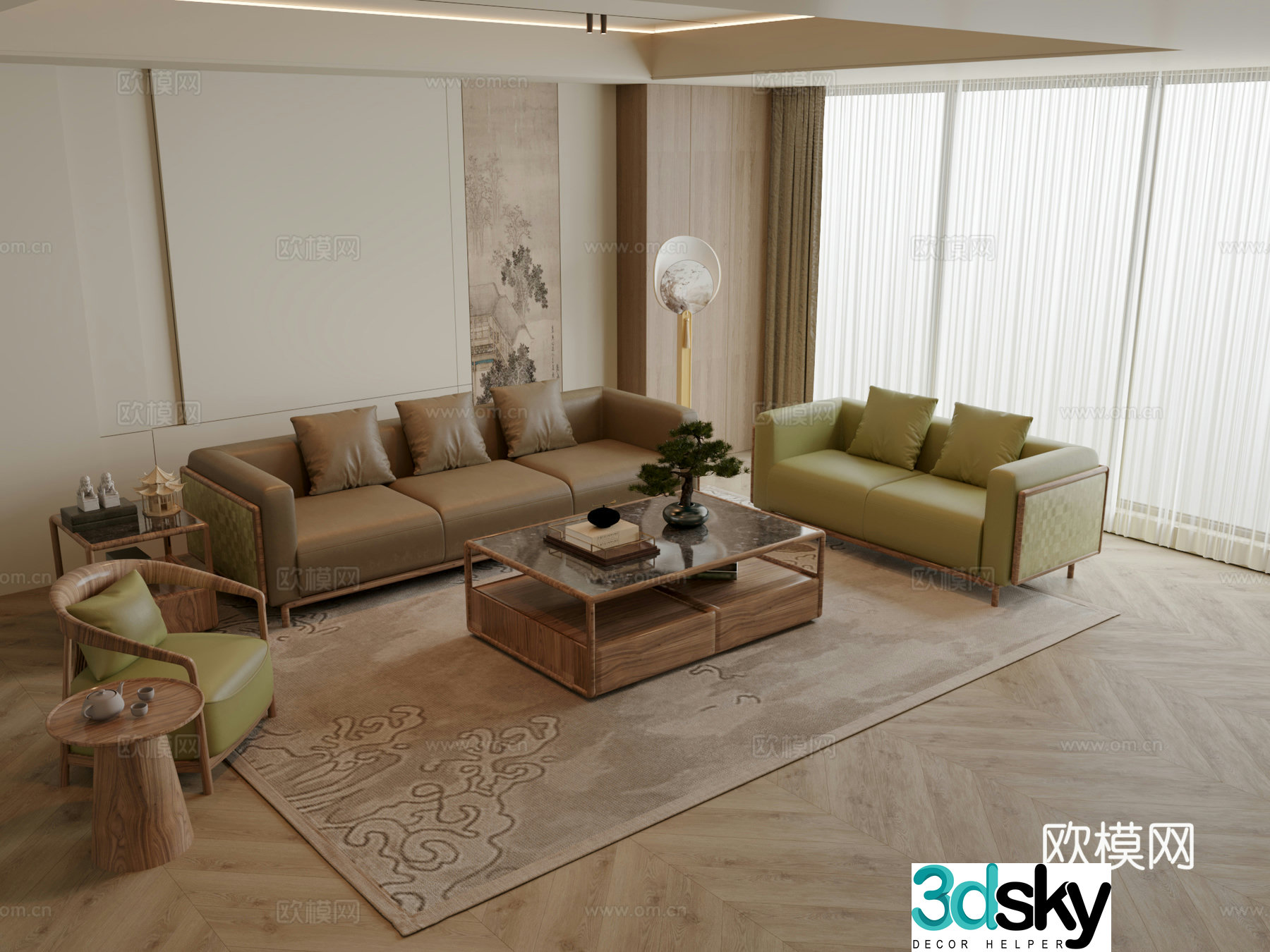 New Chinese style sofa coffee table modular sofa 3d model
