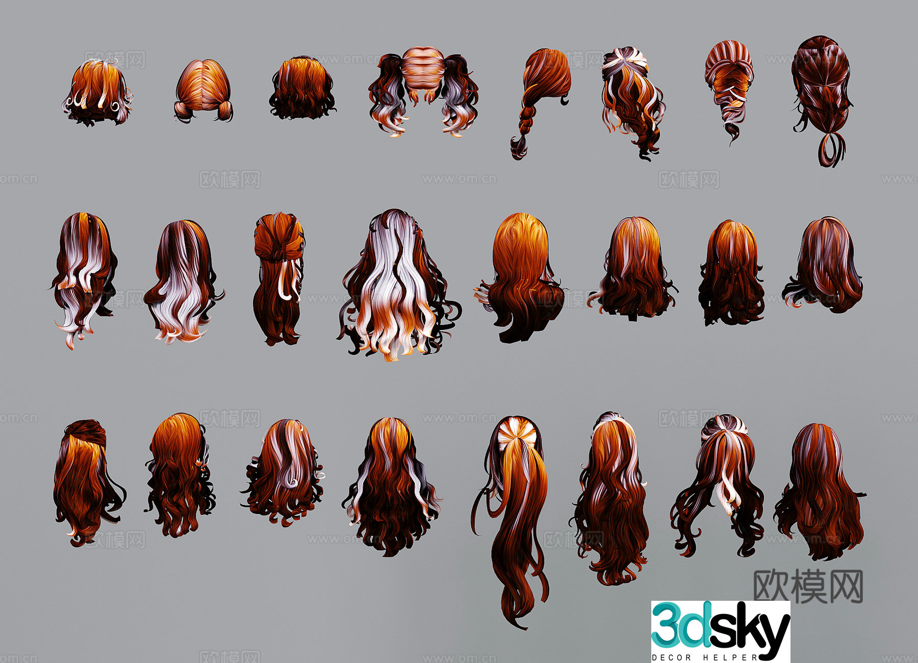 modern wig hair wig long hair 3d model