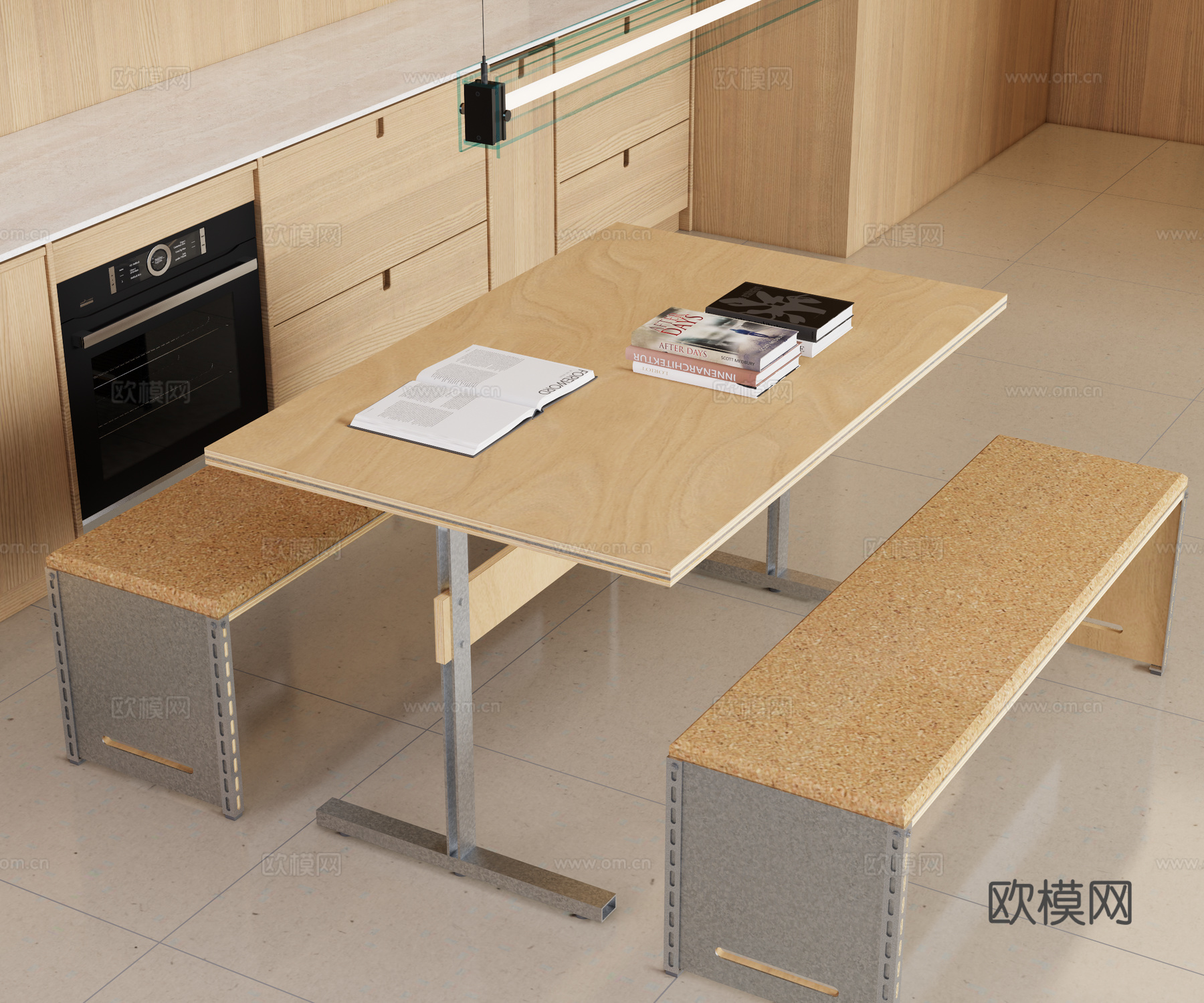 Modern wood grain dining table and chairs long dining table and chairs 3d model