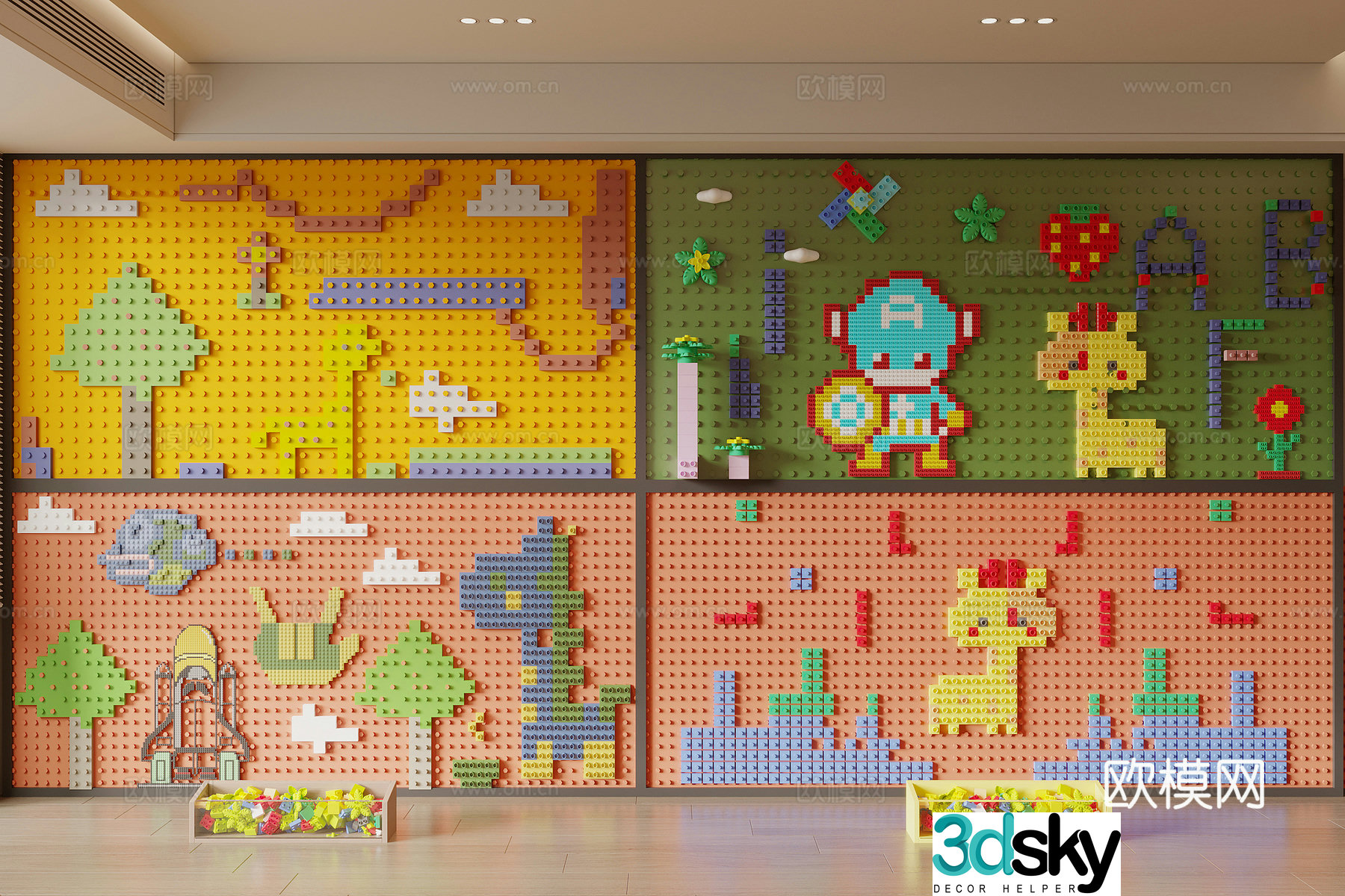 Modern lego brick toy wall 3d model