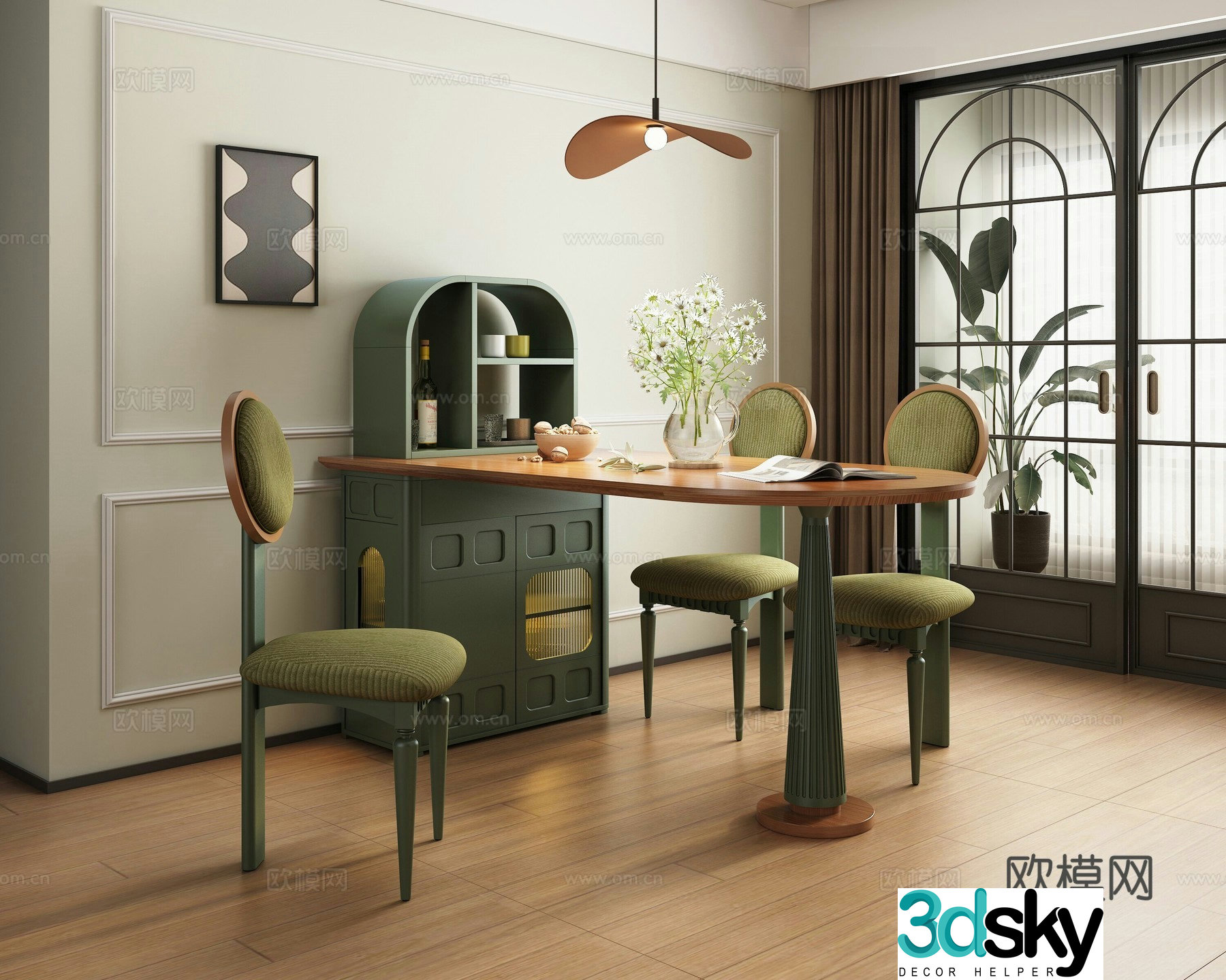 Medieval style island dining table and chairs 3D model